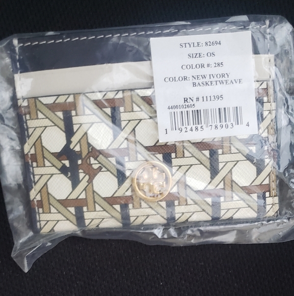 💫 Tory Burch: Robinson Leather Basketweave Print Card/Coin Case - Picture 2 of 6